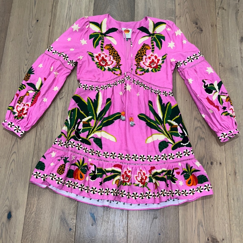 FARM Rio Pink V-Neck Bishop Sleeve Sundress